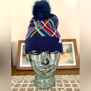 NWT Vera Bradley Hat: Multi-Color Plaid Tartan, Blue Pompom White Signature Logo